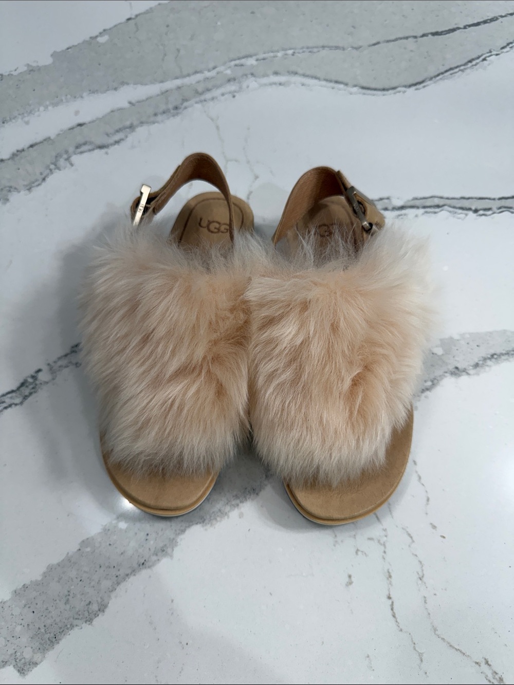 UGG Women's Holly Tan Plush Fur Slingback Sandals Soft Ochre/ Cream US Wm 6